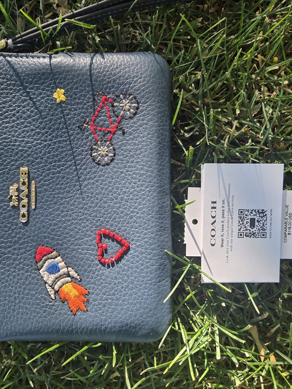 Coach Navy Leather Kids Wristlet with Embroidered Rocket & Heart